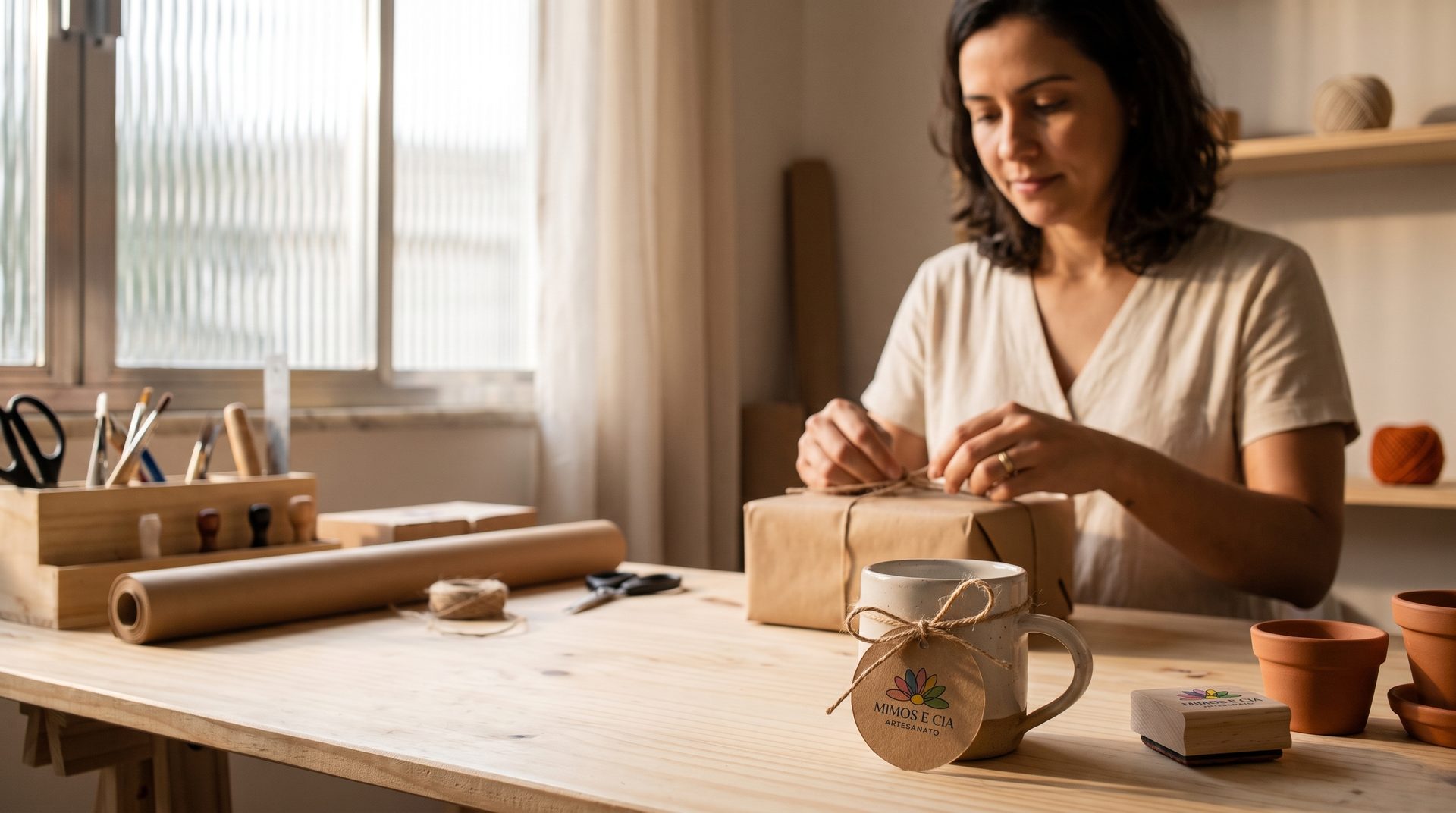 Artesã embalando um produto com a etiqueta da própria marca